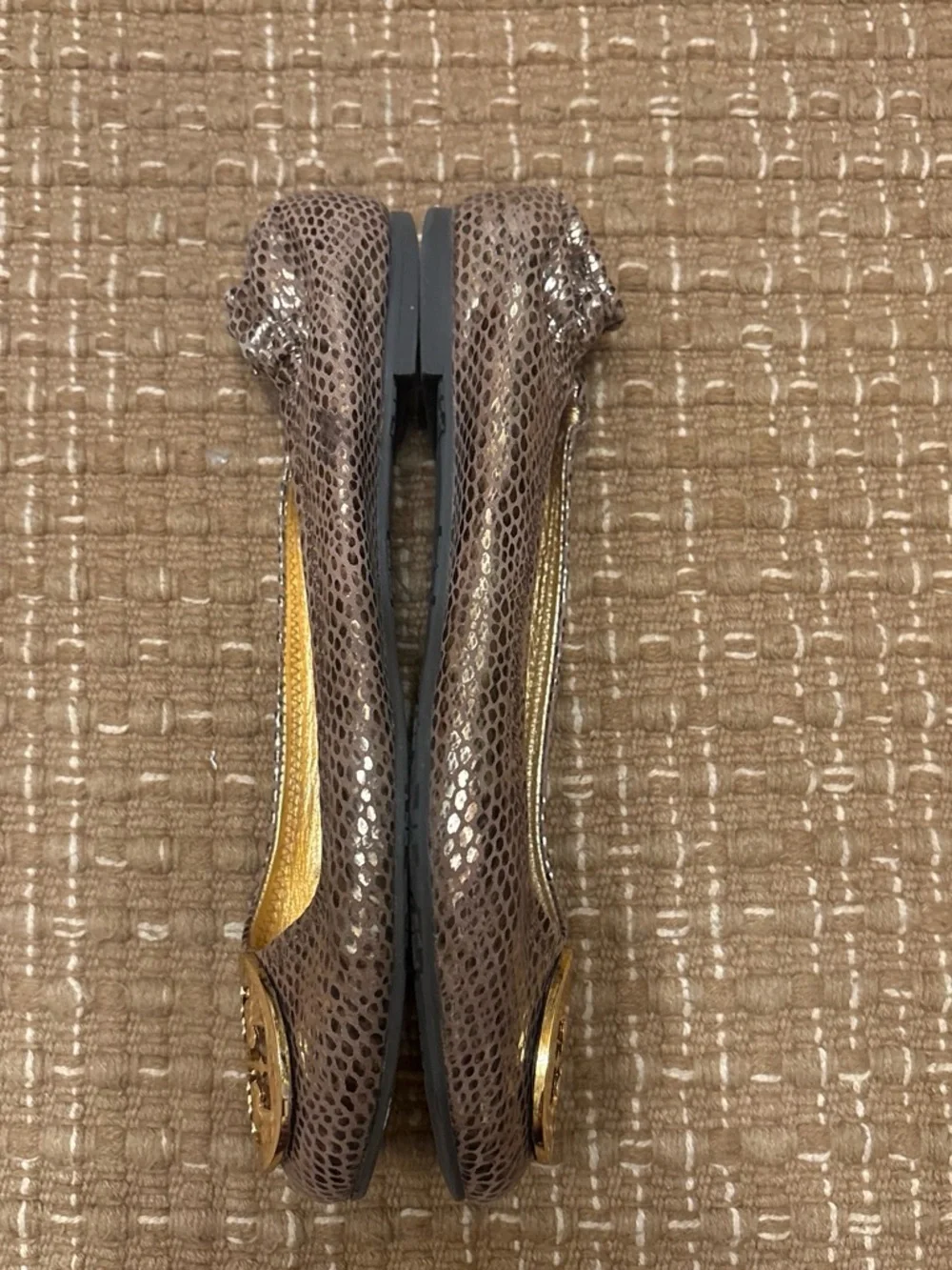 Tory Burch Rose Metallic Snake-Effect Logo Ballet Flats